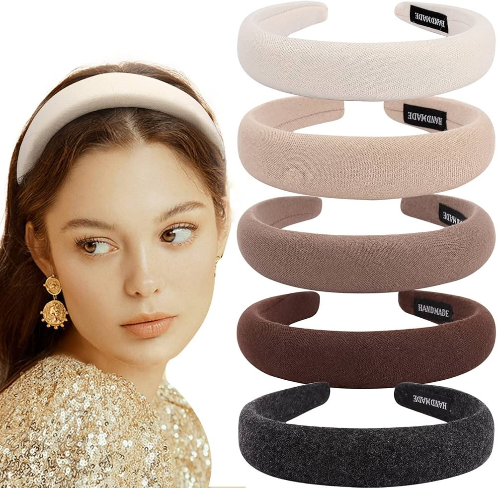 5 Pack Padded Headbands with Soft Fabric - Plain Thick Hair Accessories for Women and Girls | Amazon (US)