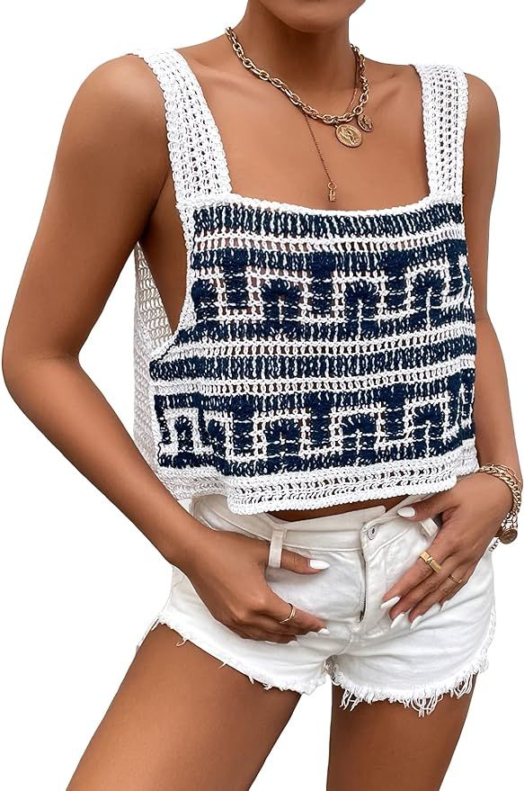 GORGLITTER Women's Hollow Out Knit Tank Top Sleeveless Geo Pattern Crochet Crop Tops Knitwear | Amazon (US)