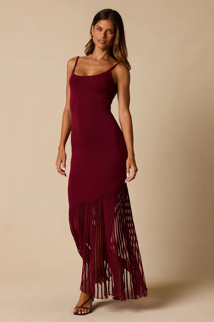 Empression Burgundy Asymmetrical Pleated Midi Dress | Lulus