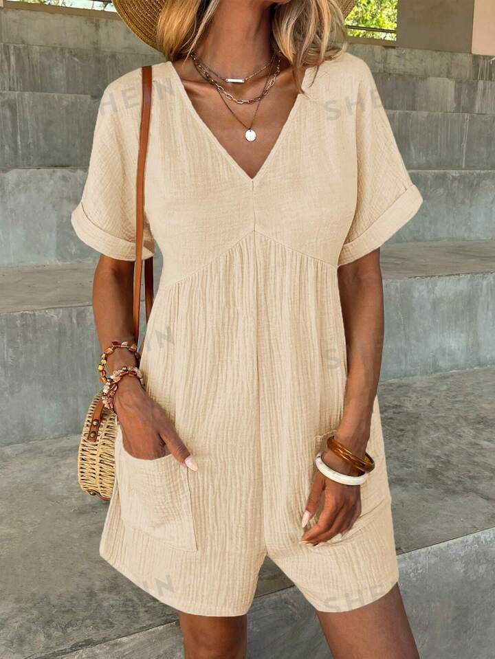 SHEIN Clasi Ladies' Solid Color Simple Daily Short Sleeve Jumpsuit | SHEIN USA | SHEIN