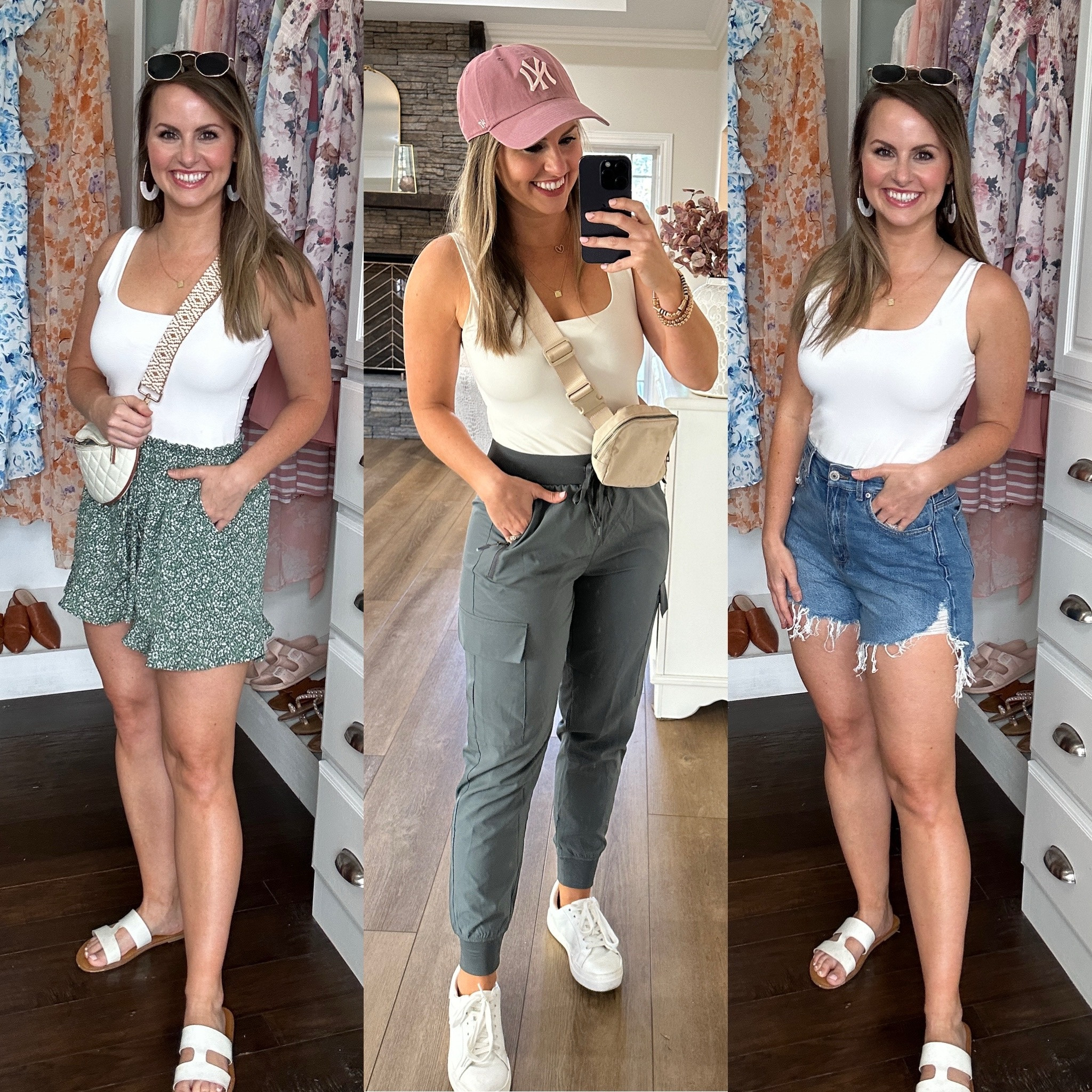 Amazon casual summer outfits! One super soft & double lined basic tank styled three ways.  


Amazon fashion, floral ruffle shorts, cargo joggers, Amazon jeans shorts, cute baseball hat, slide on sandals, white sneakers, mom style

@groceryglammama
#mixitupmonday 

#LTKSeasonal #LTKFindsUnder50 #LTKStyleTip