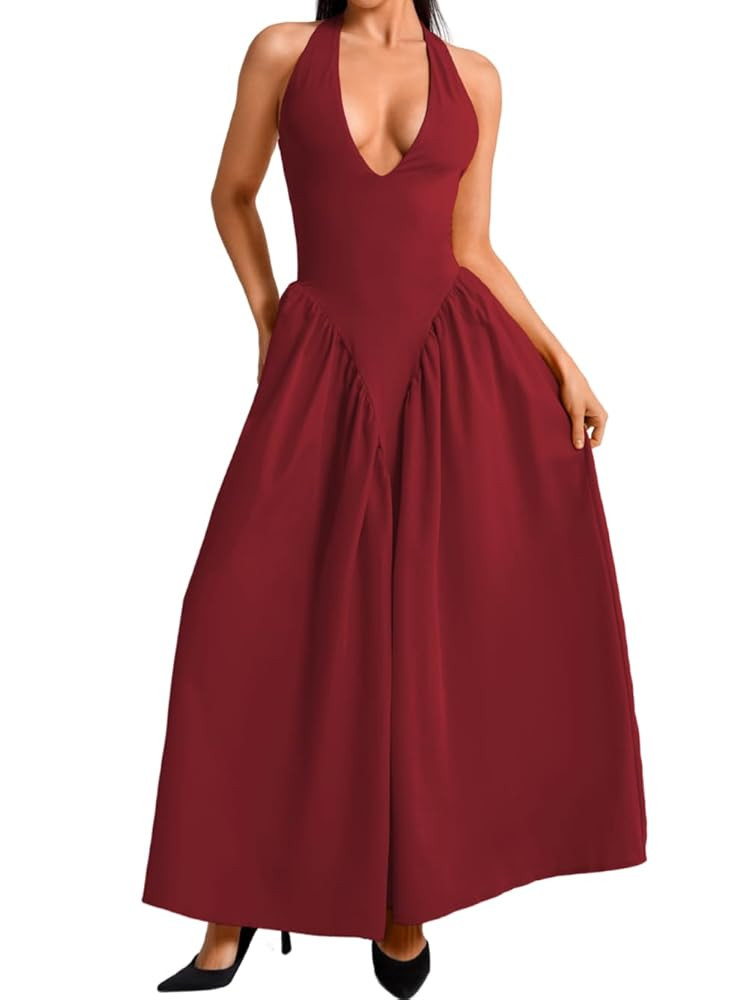 Deep V Neck Dress, Halter Maxi Dresses, Vacation Date Night, Sexy for Women Corset Flowy Wedding ... | Amazon (US)