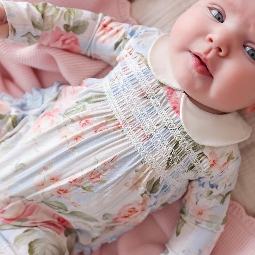 Floral Blue Snap Leigh Footie Smocked Ruffled One Piece | Posh Peanut\u00ae | Posh Peanut