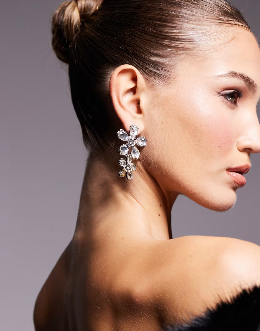 ASOS DESIGN drop earrings with crystal floral detail in silver tone | ASOS (Global)