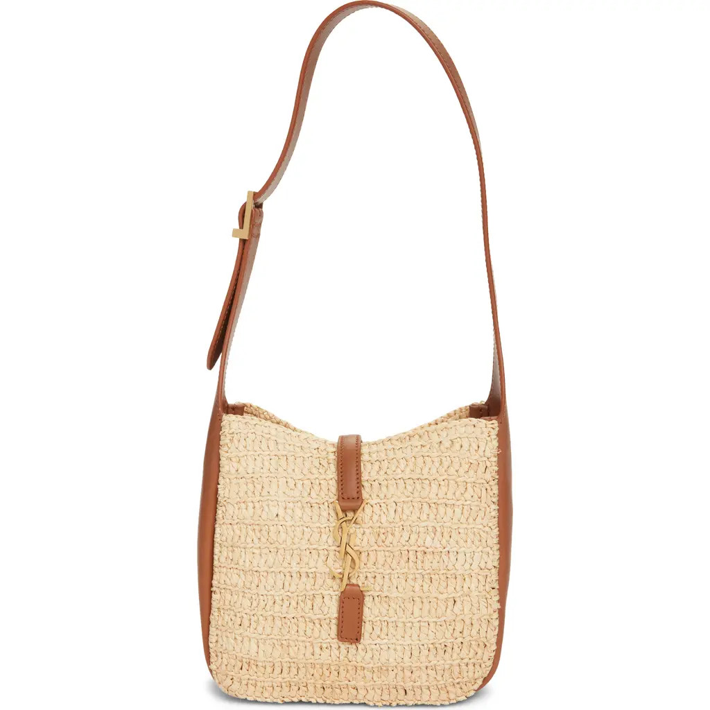 Saint Laurent Baby Le 5 À 7 Raffia & Leather Shoulder Bag in Naturel/Brick at Nordstrom | Nordstrom