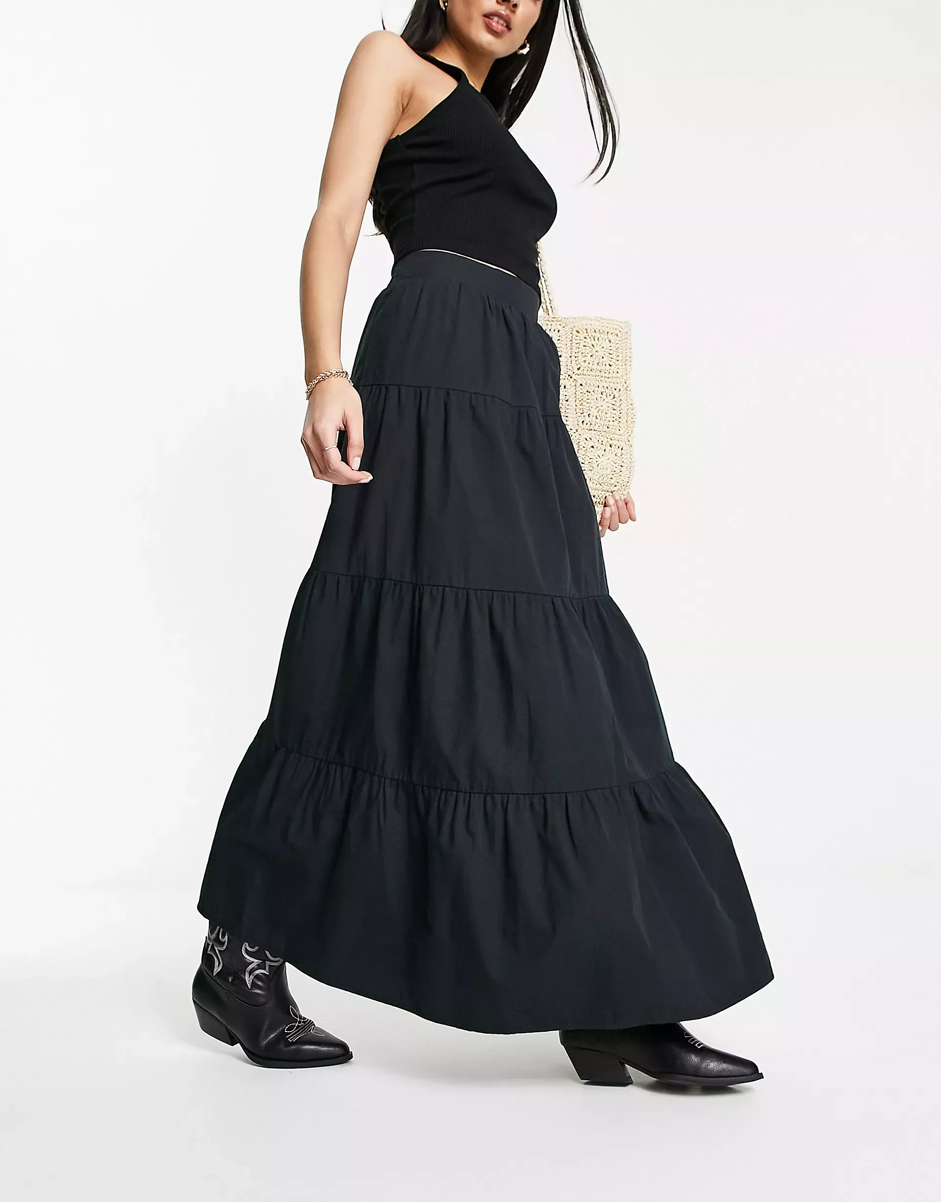 Miss Selfridge poplin tiered maxi skirt in khaki