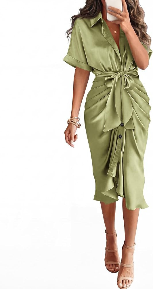 Dresses for Women Summer Button Short Sleeve Silk Satin Ruched Spring Maxi Dress 2026 Cocktail Pa... | Amazon (US)