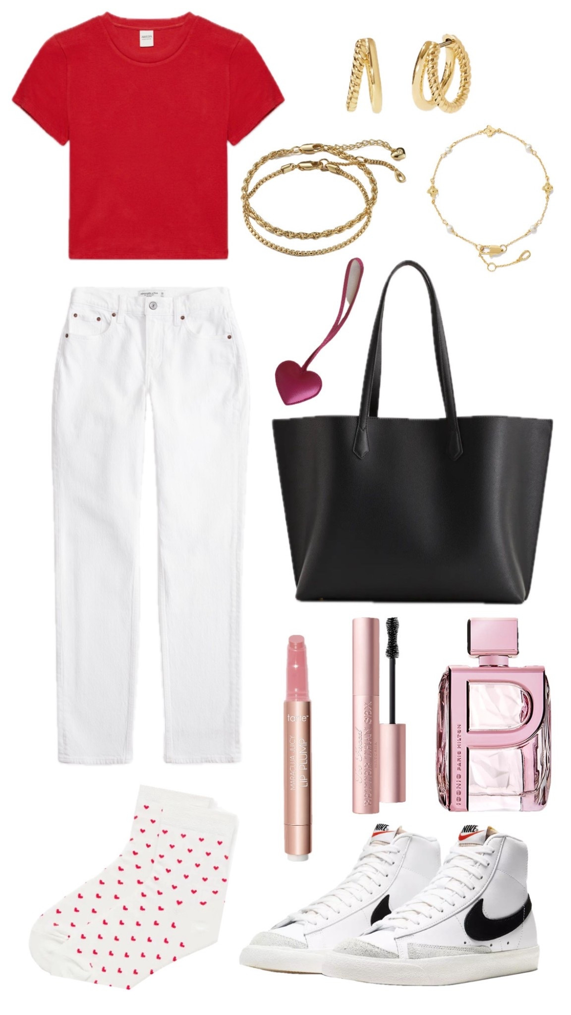 ✨Casual chic for everyday vibes! Pairing a bold red tee with crisp white denim, classic Nike sneakers, and dainty gold jewelry for that perfect mix of sporty + polished. Add a roomy black tote, flirty fragrance, and a touch of glam with lip plump + mascara—effortless but put together. Obsessed with these heart socks for a playful detail too! ❤️👟
#LTKStyle #OOTDInspo #CasualChic #RedAndWhiteStyle #WardrobeEssentials #SneakerStyle #EverydayLook #EffortlessOutfits #StreetStyleInspo #LTKOutfit #StyleCrush

#LTKSaleAlert #LTKSeasonal #LTKStyleTip
