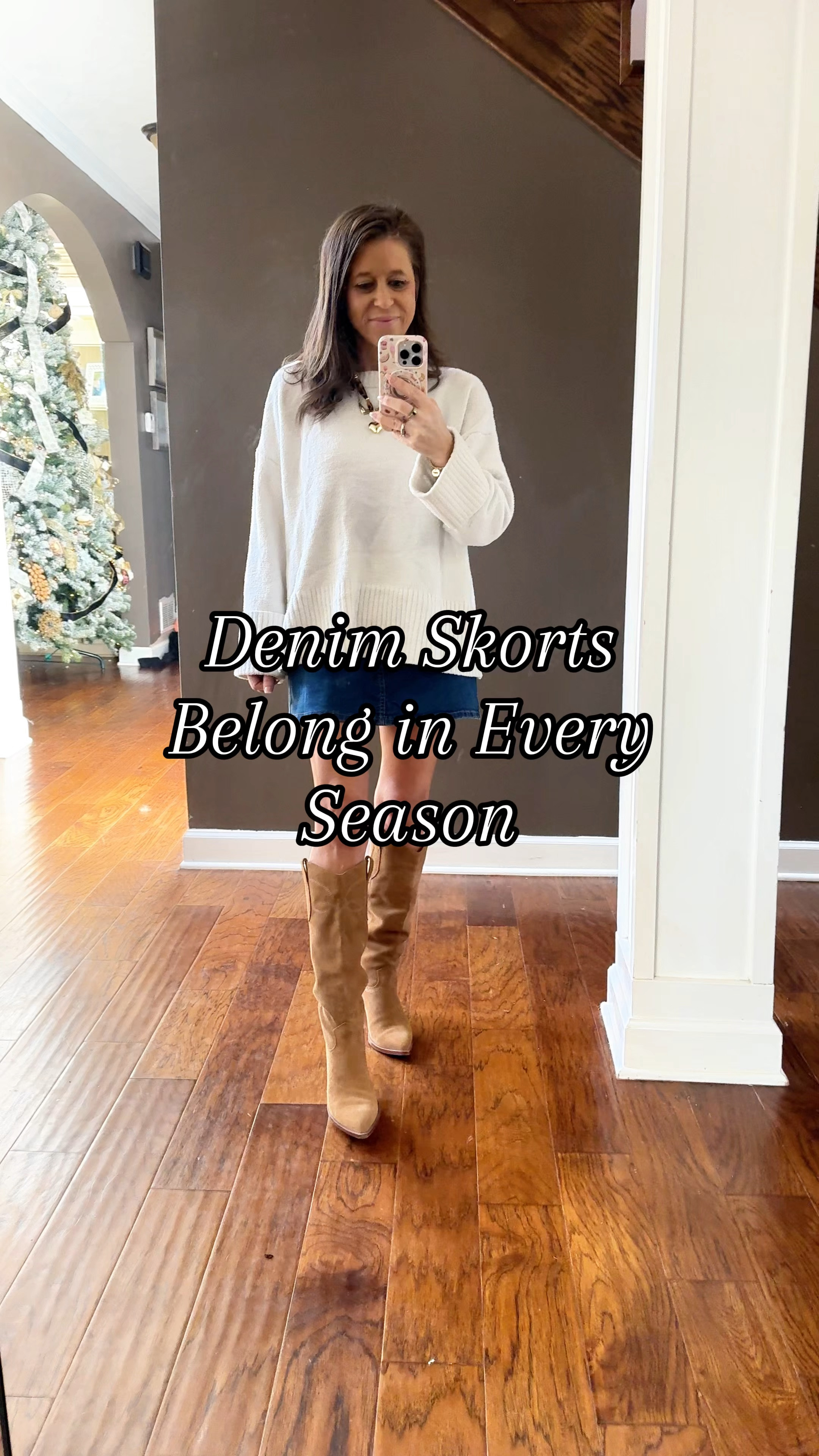 Denim Skorts are not just for summer! Cute Fall Outfit or Winter Outfit paired with a cozy sweater and suede boots 👢✨🤎 also linking all my favorite brown boots plus my Nine West boots I have on! 

#LTKmomlife #LTKPetite #LTKFindsUnder50