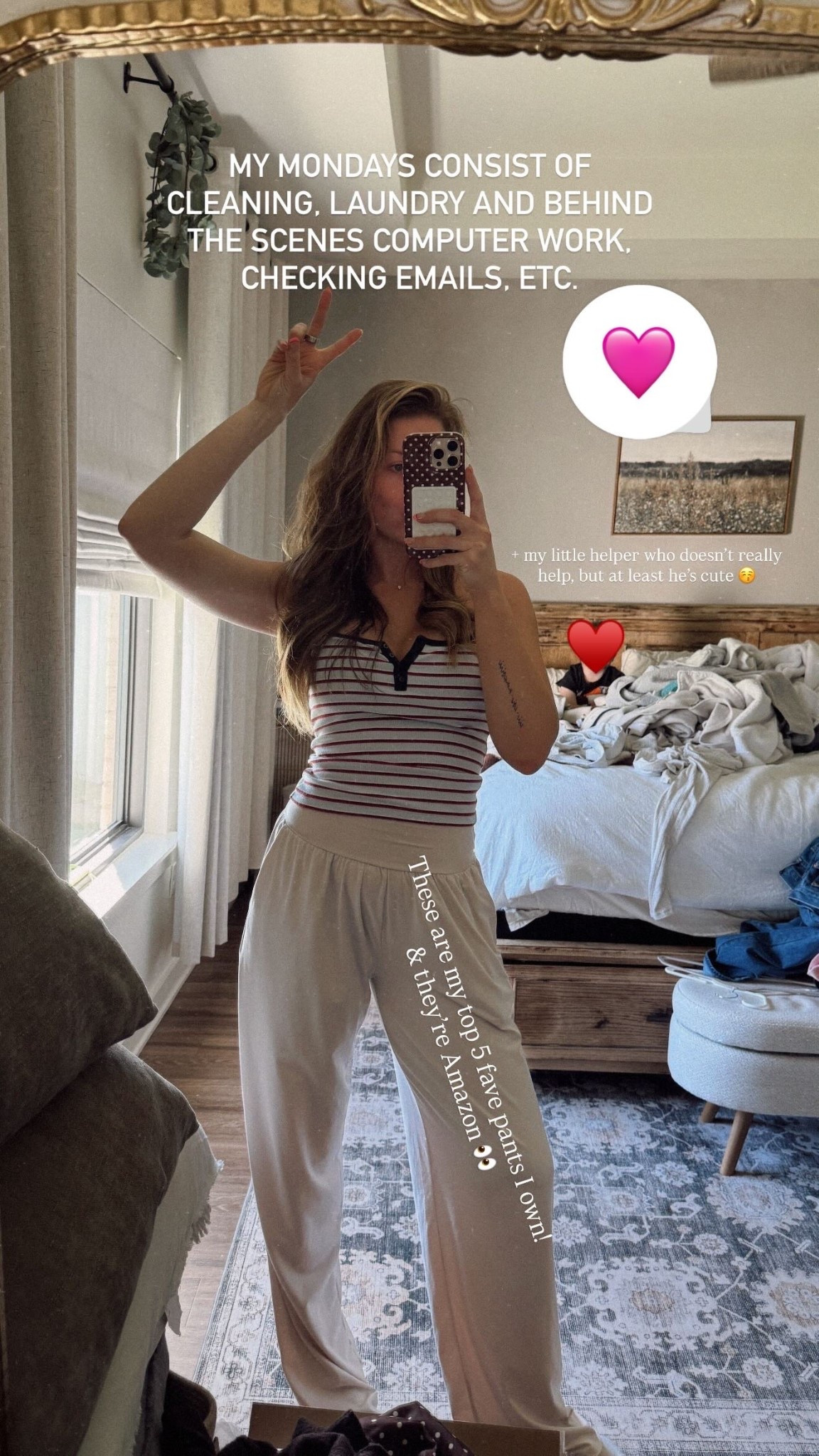 Comfy Monday outfit for house cleaning! Wearing a medium 35” inseam in pants and small in top