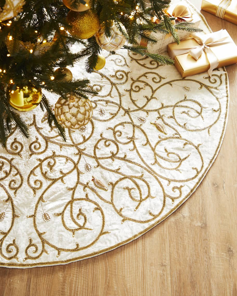 Sudha Pennathur 60" Velvet Embroidered Swirl Tree Skirt | Neiman Marcus