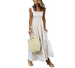 chouyatou Women's Retro Plaid Smocked Dress Spaghetti Strap Flounce Long Dress | Amazon (US)