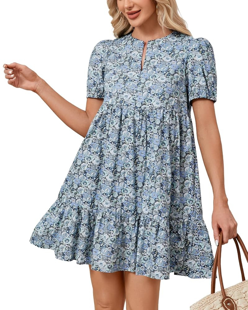 Women's Summer Floral Boho Mini Dresses Puff Short Sleeve Zip Up Ruffle Swing Dress with Pockets | Amazon (US)