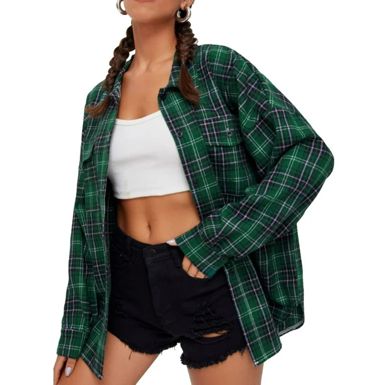 Womens Flannel Plaid Shirts New Long Sleeve Button Down Long Casual Shirt Jacket | Walmart (US)
