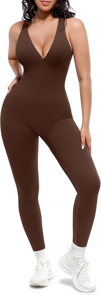 SHAPELLX Tummy Control Workout Jumpsuits for Women One Piece Comfy Yoga Outfits V Neck Sleeveless... | Amazon (US)