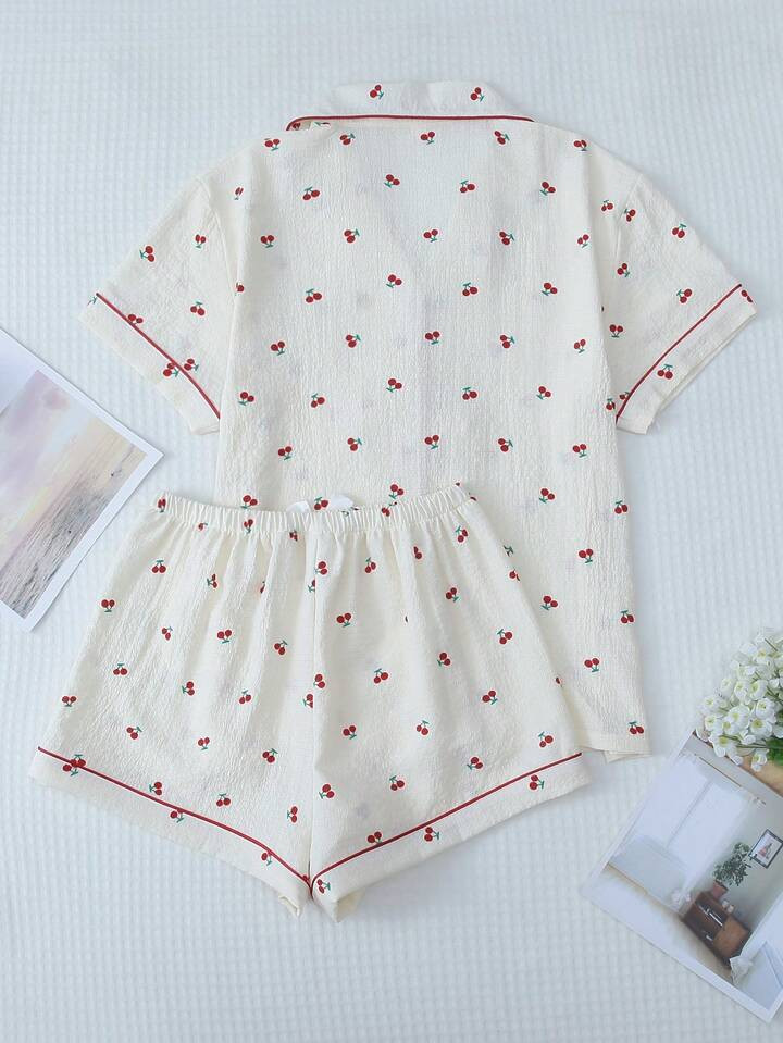 Cherry Print Pajama Set For Women, Sweet & Cute Lapel Button Up Top And Bow Short Shorts, Sleepwear & Loungewear | SHEIN