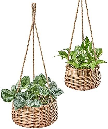 Mkono Wicker Hanging Planter Basket for Indoor Outdoor Plants, Set of 2 Natural Woven Hanging Plant  | Amazon (US)