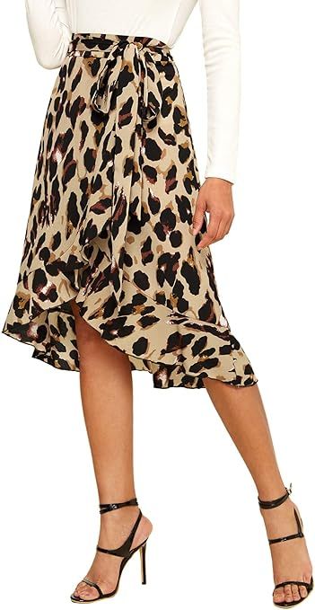 SheIn Women's Leopard Print Ruffle Hem High Low Split A Line Midi Wrap Skirt | Amazon (US)