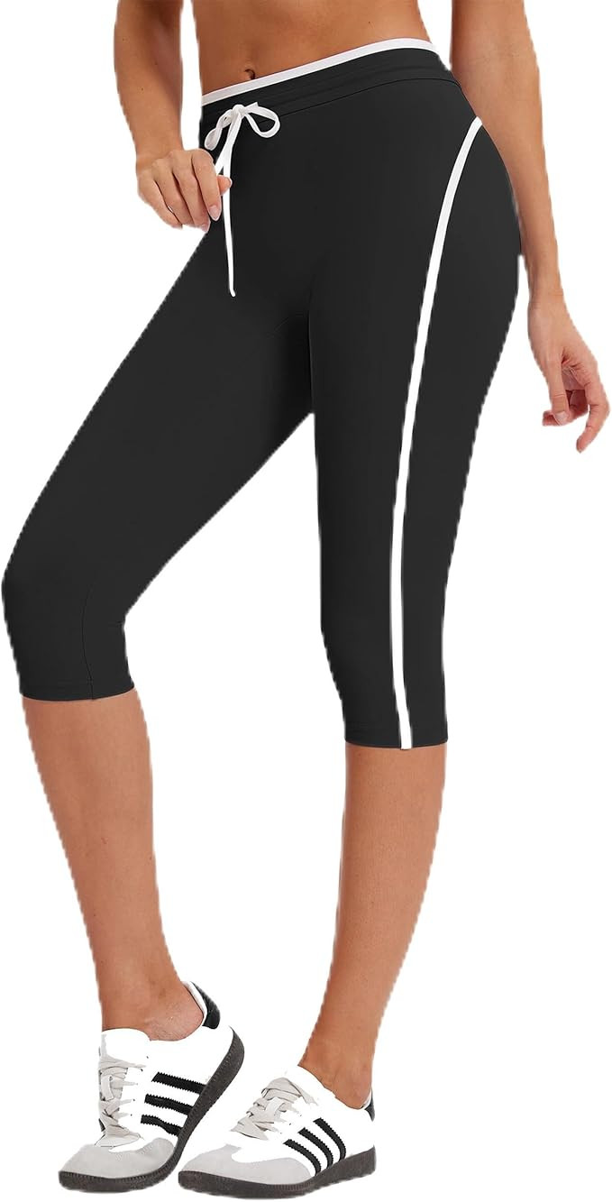 MOOSLOVER Women High Waisted Capri Leggings Drawstring Color Block Capris Stretch Compression Wor... | Amazon (US)