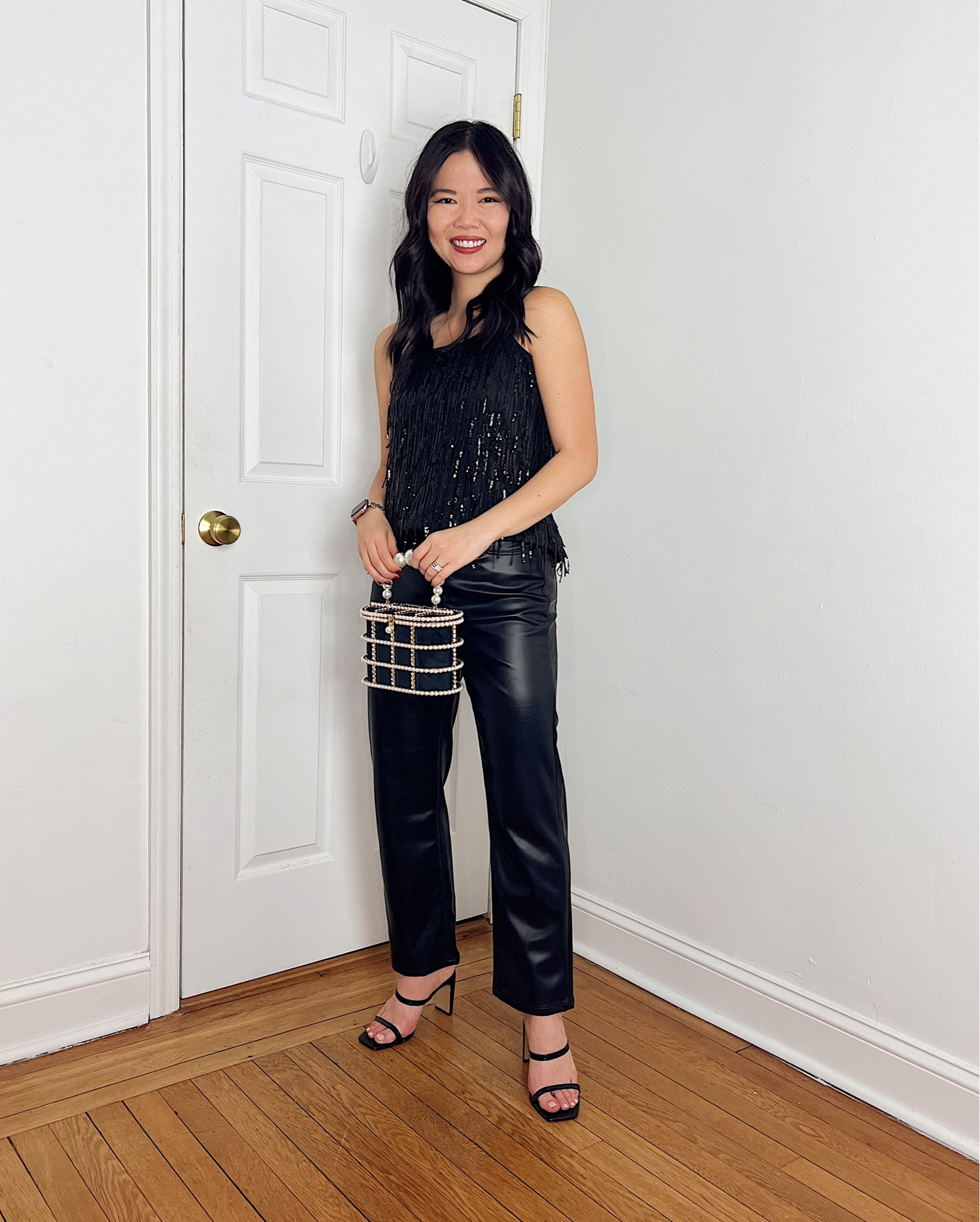 Black sequin top (XS)
Sequin tank top
Black faux leather pants (27P)
Pearl bag
Statement bag
Evening bag
Black mules (TTS)
Holiday party outfit
Holiday outfit
NYE outfit
LOFT outfit

#LTKSeasonal #LTKHoliday #LTKsalealert