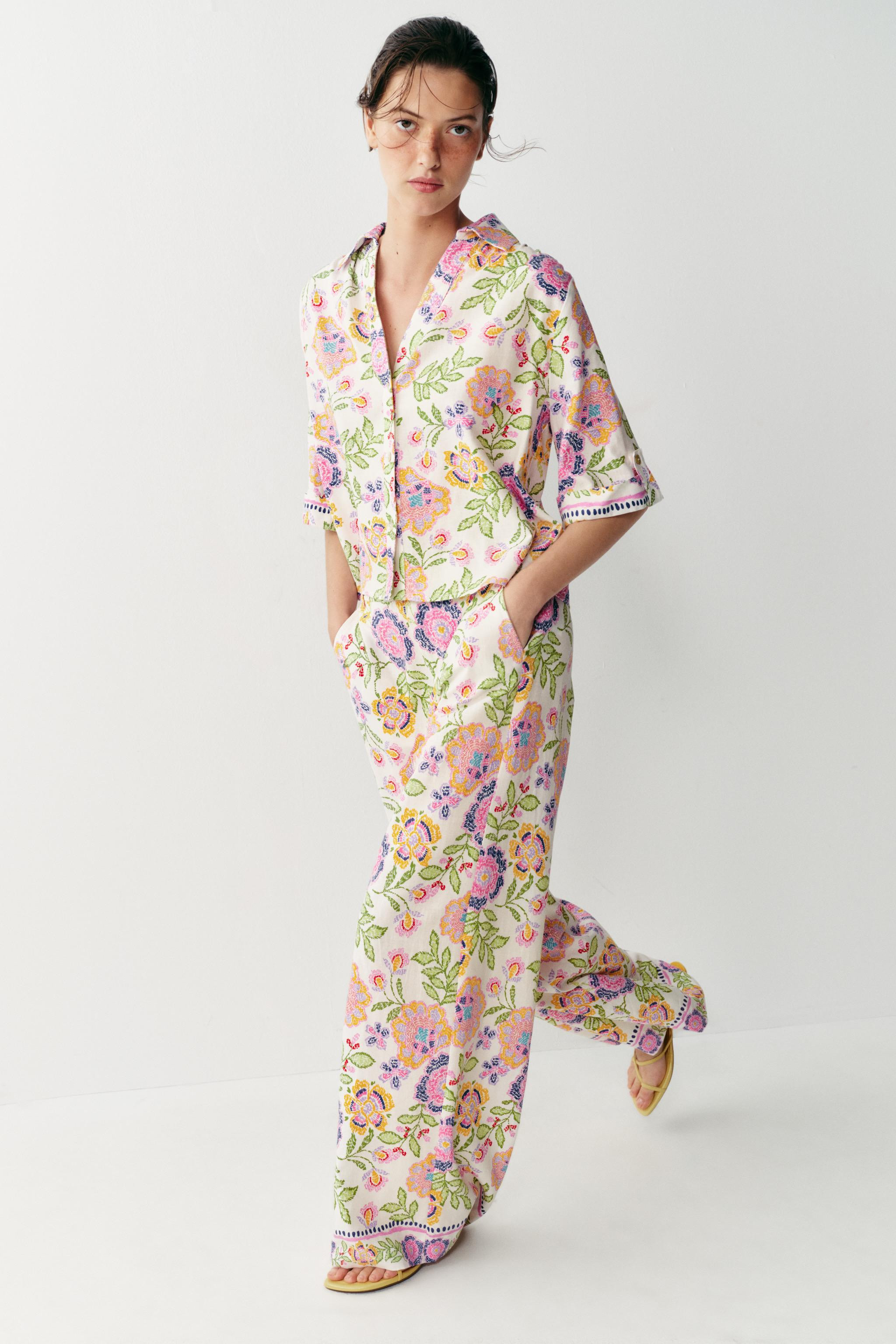 FLORAL PRINT LINEN PANTS | Zara US