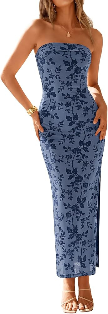 ZESICA Womens Summer Floral Mesh Bodycon Maxi Dress 2026 Strapless Side Slit Formal Cocktail Part... | Amazon (US)