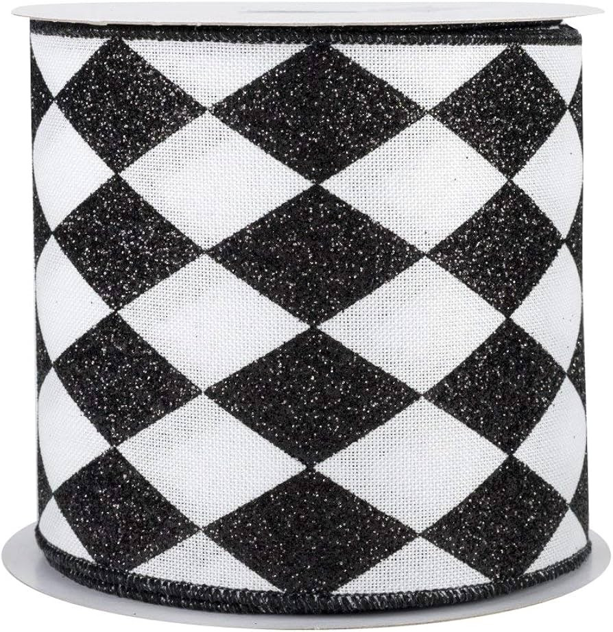 Black White Diamonds Harlequin Ribbon - 4" x 10 Yards, Halloween, Fall | Amazon (US)