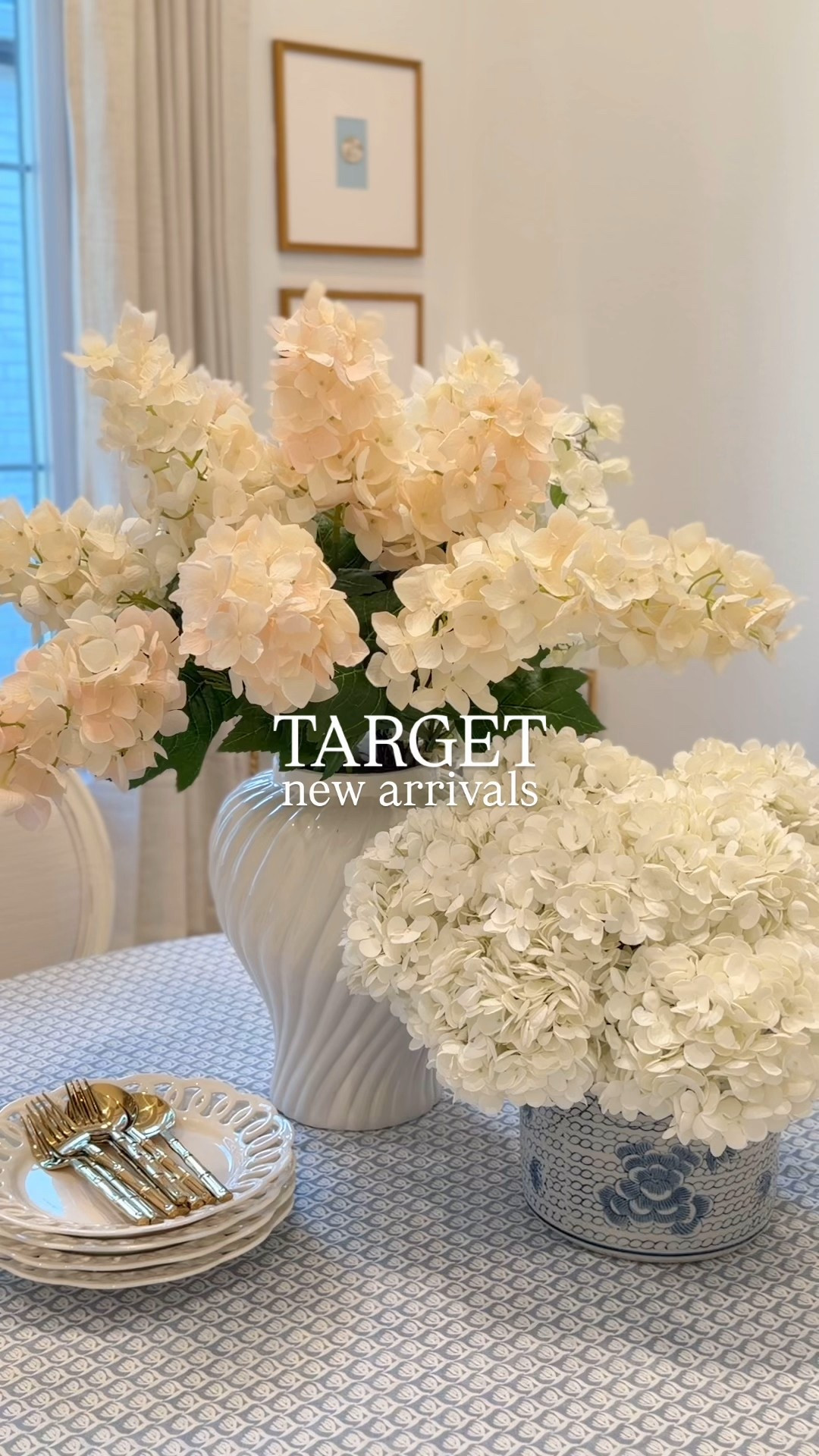 Target spring florals 🌸 if you’re looking for some affordable spring florals check out these ivory and blush cone hydrangeas from Target! Come in a set of 2 stems - I used 7 bunches for this arrangement  
