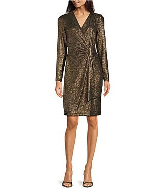 Calvin Klein Foil Glitter Knit V-Neck Long Sleeve Faux Wrap Dress - 14 | Dillard's