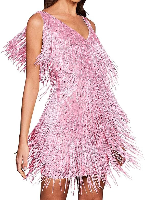 houstil Women 1920s Sequin Dress V Neck Flapper Gatsby Homecoming Dresses Fringe Wedding Club Par... | Amazon (US)