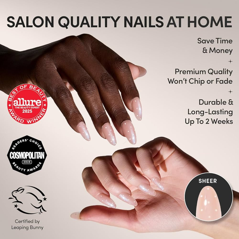 Glamnetic Press On Nails - Sugar Glazed | Medium Oval Fake Nails with a Sheer Nude Base, Mini Whi... | Amazon (US)