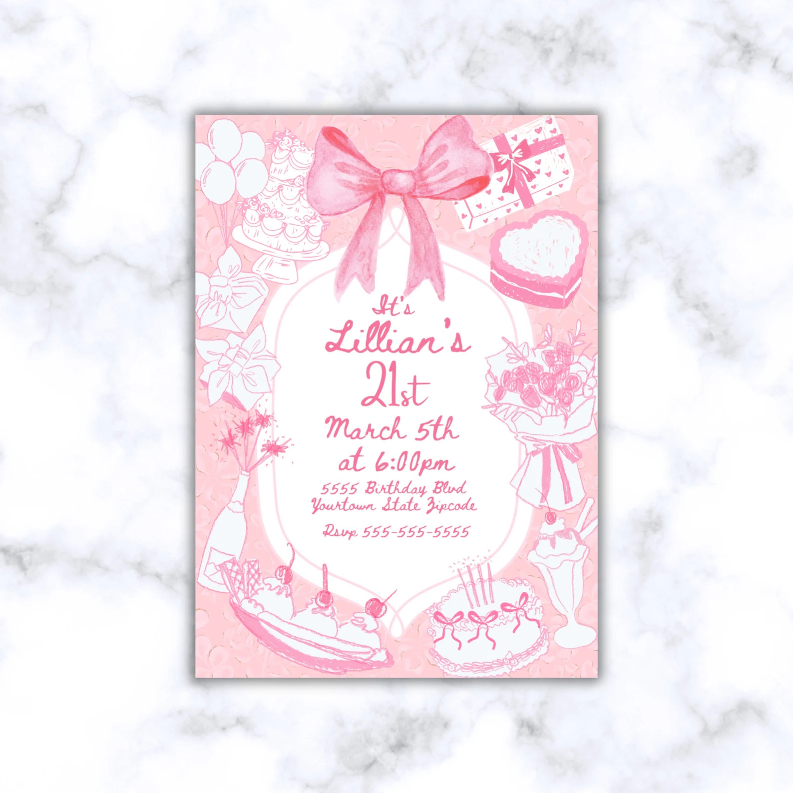 Editable Fancy Bow Invites, Cake and Champagne 21st Birthday. Bow Theme Party Coquette Aesthetic ... | Etsy (US)