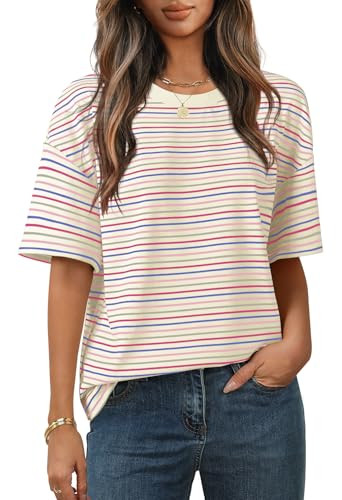 MEROKEETY Women's 2026 Summer Short Sleeve Tops Casual Colourful Striped Crewneck Loose Work T Sh... | Amazon (US)