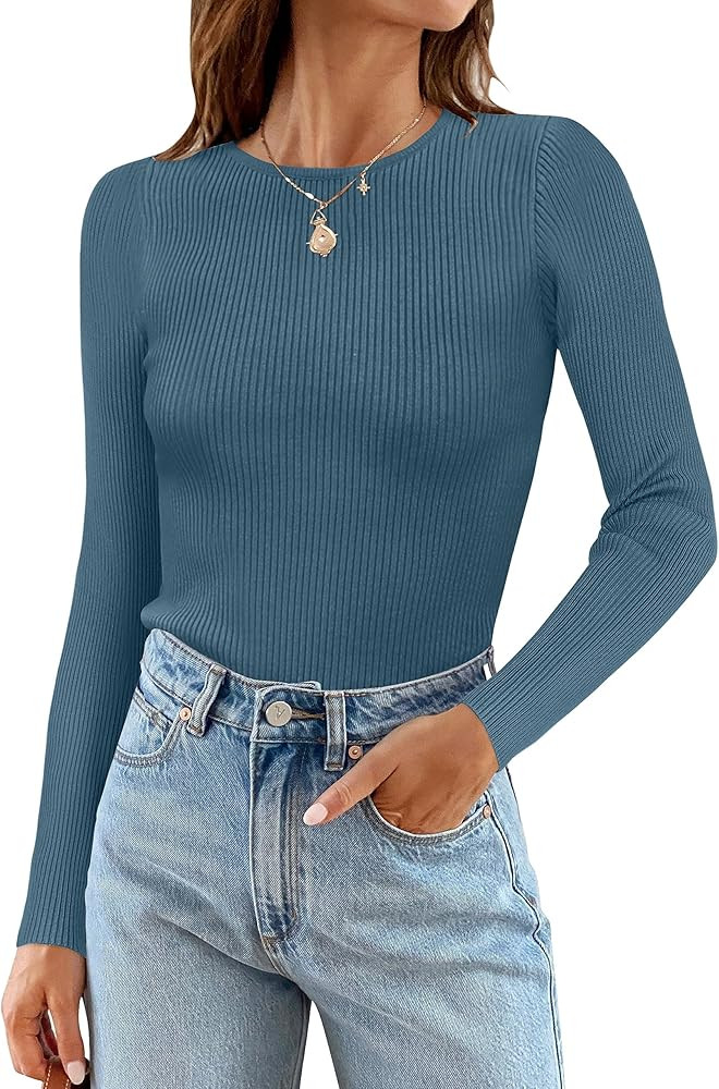 ZESICA Women's Long Sleeve Crewneck Shirts 2024 Fall Knit Sweater Slim Fitted Casual Basic Tee To... | Amazon (US)