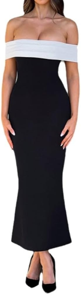 Women's Contrasting Casual One Shoulder Dress with Slim Fit and Hip Hugging Skirt | Amazon (US)