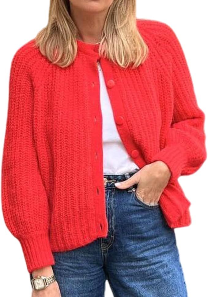 Button Down Open Front Chunky Cardigans Crewneck Long Sleeve Crop Sweater Fall Knitwear Cropped C... | Amazon (US)