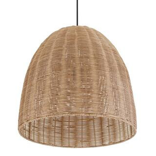 Highler 60-Watt 1-Light Matte Black Hanging Shaded Pendant Light with Natural Rattan Shade | The Home Depot