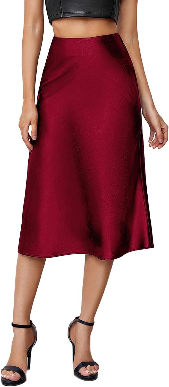 Verdusa Women's Elegant High Waist Satin A Line Flared Midi Skirt | Amazon (US)