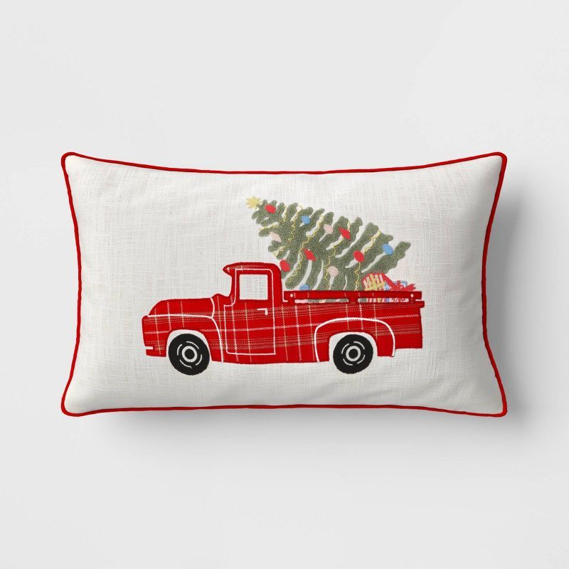 Oversized Christmas Truck Embroidered Applique Lumbar Christmas Throw Pillow White - Threshold™ | Target