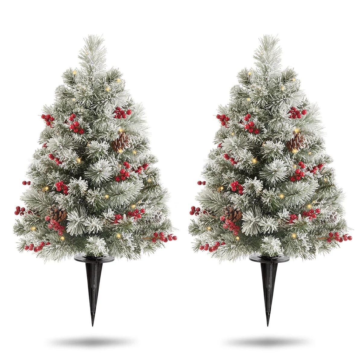 OasisCraft 24 Inch Outdoor Christmas Tree 2 Set, Pre-lit Mini Flocked Christmas Tree Artificial P... | Walmart (US)