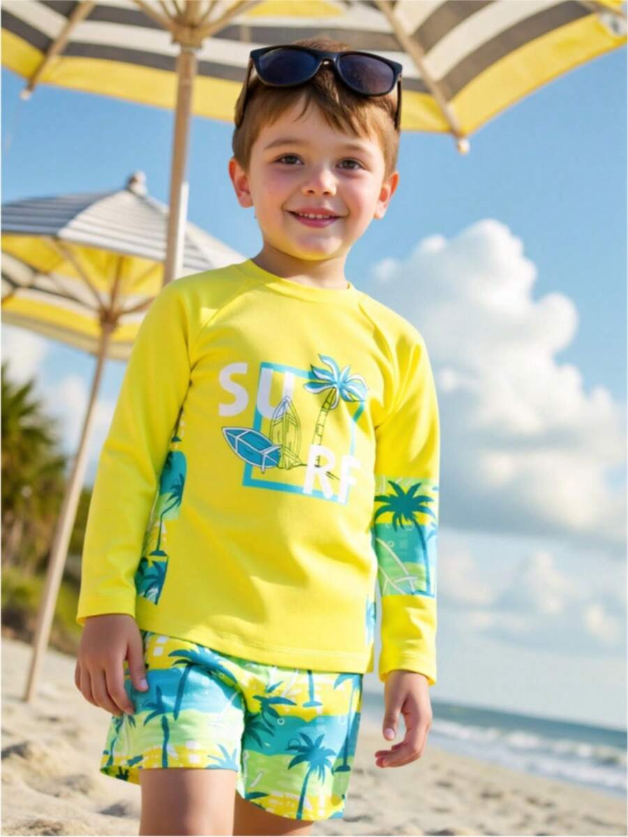 Fantacosmos Young Boys Tropical Beach Plants Print Swimsuit Set,Long-Sleeved Top + Swimming Trunk... | SHEIN