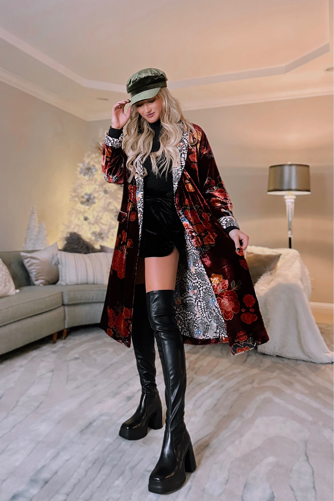 Free People holiday look - wild nights long duster coat (size S), black velvet shorts (size S), black turtleneck (size S), green velvet lieutenant hat, and over the knee boots. 

#LTKstyletip #LTKHoliday #LTKshoecrush