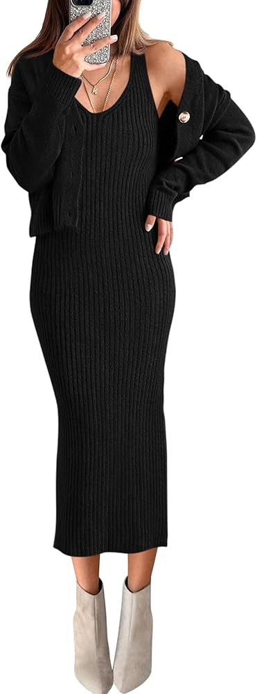 BTFBM Women Fall Knit Sweater Dress Set Bodycon Slit Midi Dresses Button Down Long Sleeve Cropped... | Amazon (US)