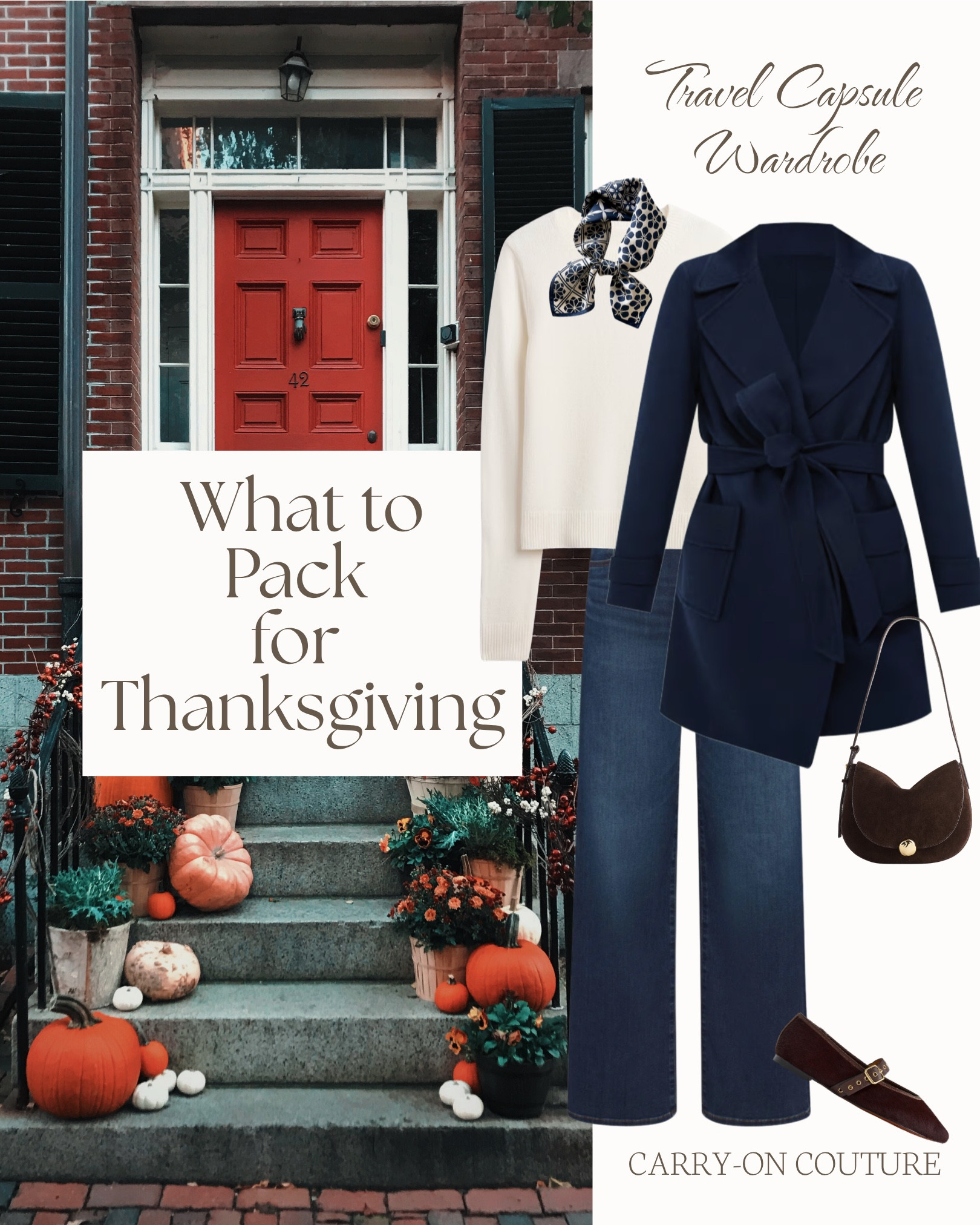 Heading home for Thanksgiving with a capsule that keeps things casual but still feels pulled together. 

- Four sweaters to rotate all weekend
- A structured vest
- A navy wrap coat
- Dark and black denim
- Ankle boots
- Suede flats
- Sneakers for casual days and for workouts
- A crossbody
- Workout clothes for those who must!
- Travel pants that always end up becoming the at-home uniform. 

Everything is easy to mix, easy to wear, and just the right amount of elevated for a cozy long weekend.#LTKHoliday

#LTKOver40 #LTKTravel