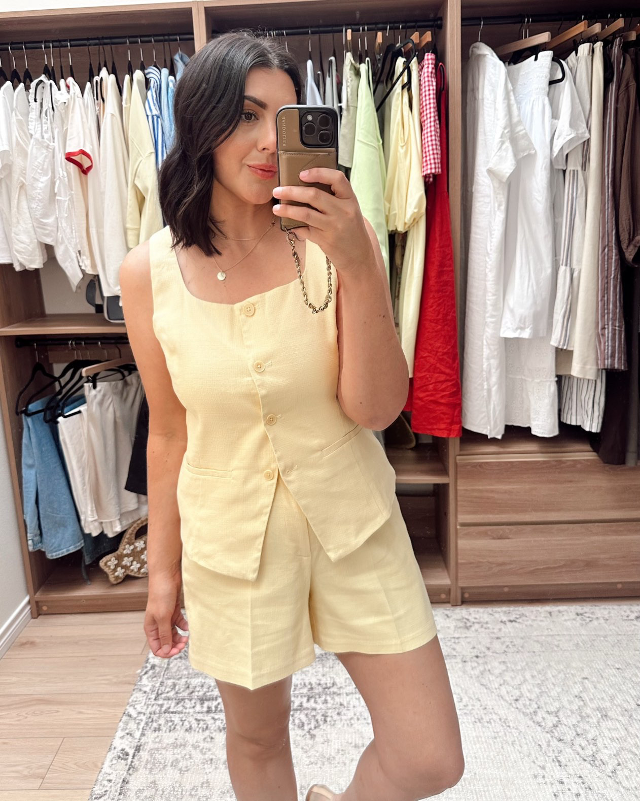 Love this linen set! It's a perfect match and they're both so comfortable. The top is plenty big, almost a touch too big. I'm in the large, it runs generously. I'm in the large of the shorts and they run big too! Super cute set and it comes in a white and black as well.  

 