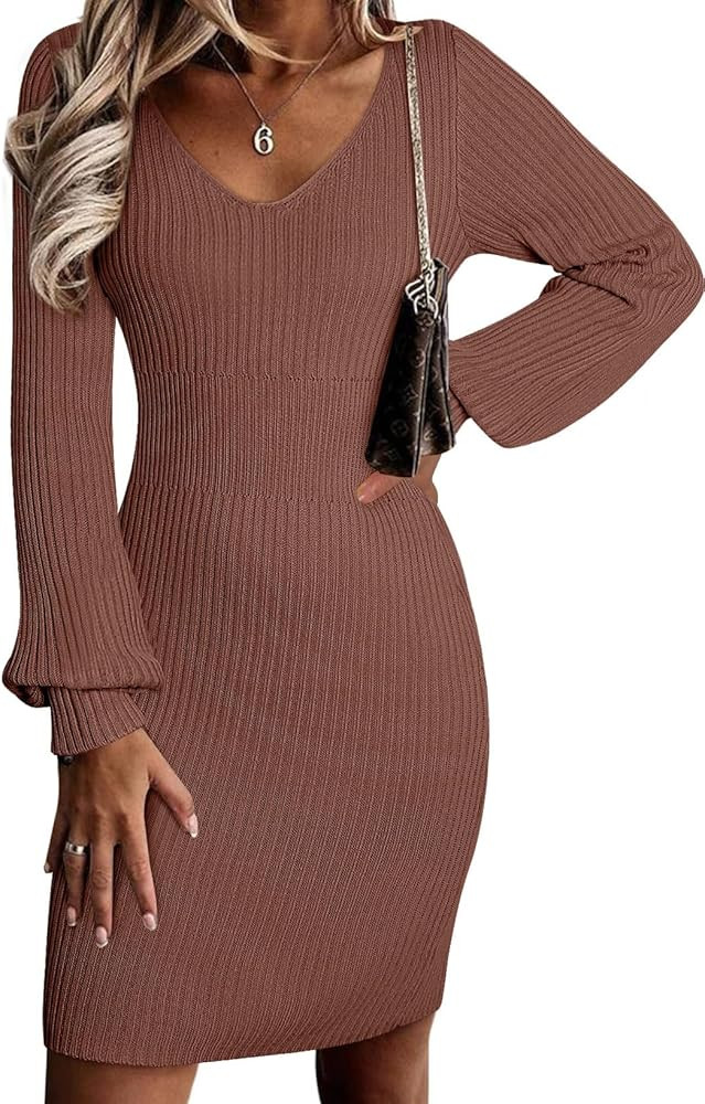 Sidefeel Womens 2024 Fall Winter Ribbed Knit Sweater Dress Casual Long Sleeve Sexy V Neck Bodycon... | Amazon (US)