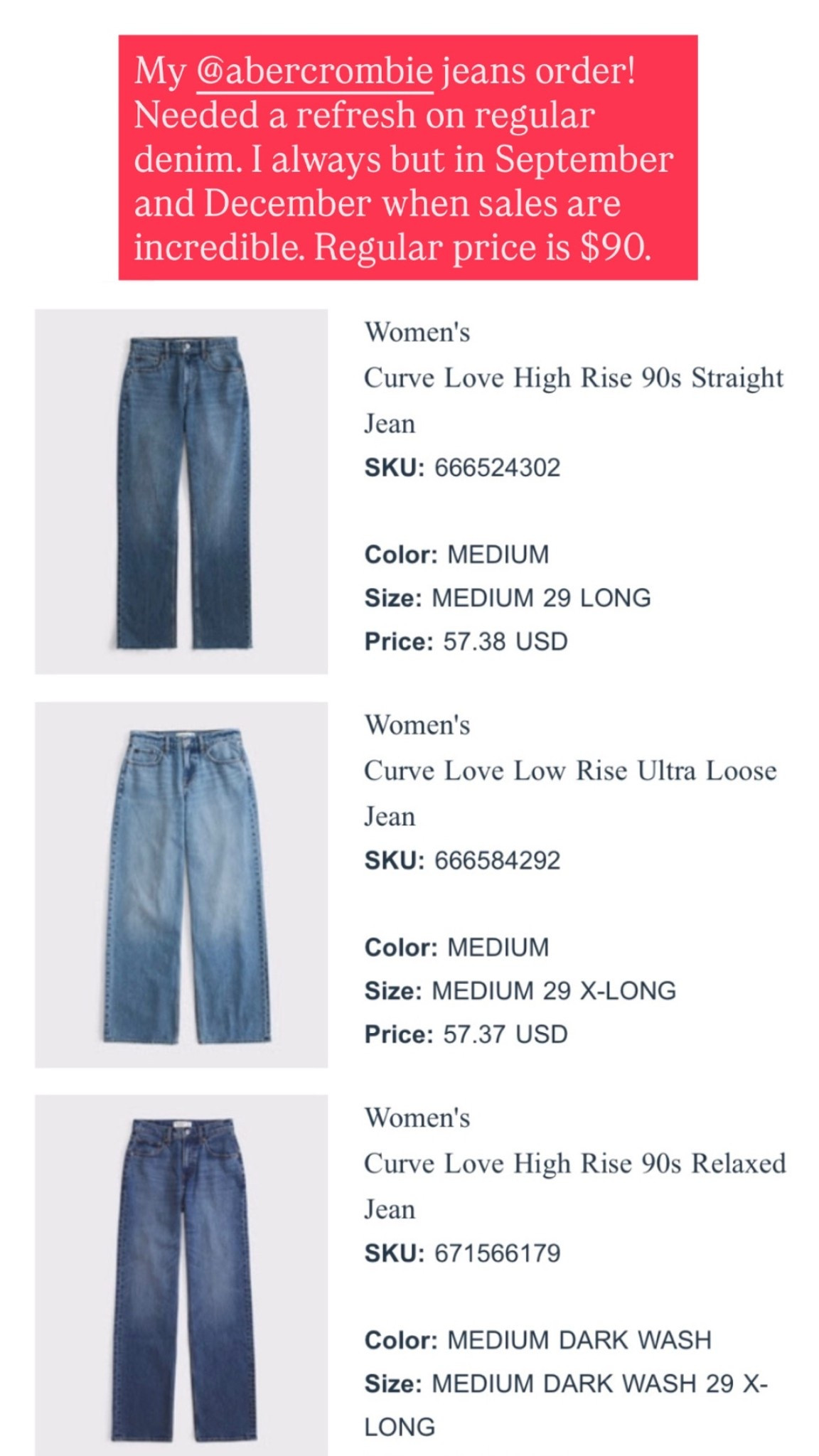 My Abercrombie jeans order! Use the LTK code (see the Pop up) for a stackable 15% off!

#LTKSaleAlert