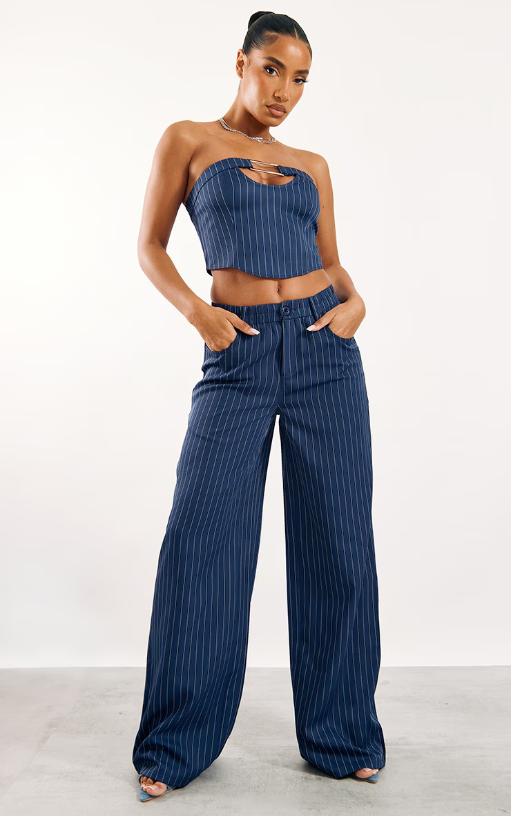 Navy Woven Pinstripe High Waist Wide Leg Pants | PrettyLittleThing US
