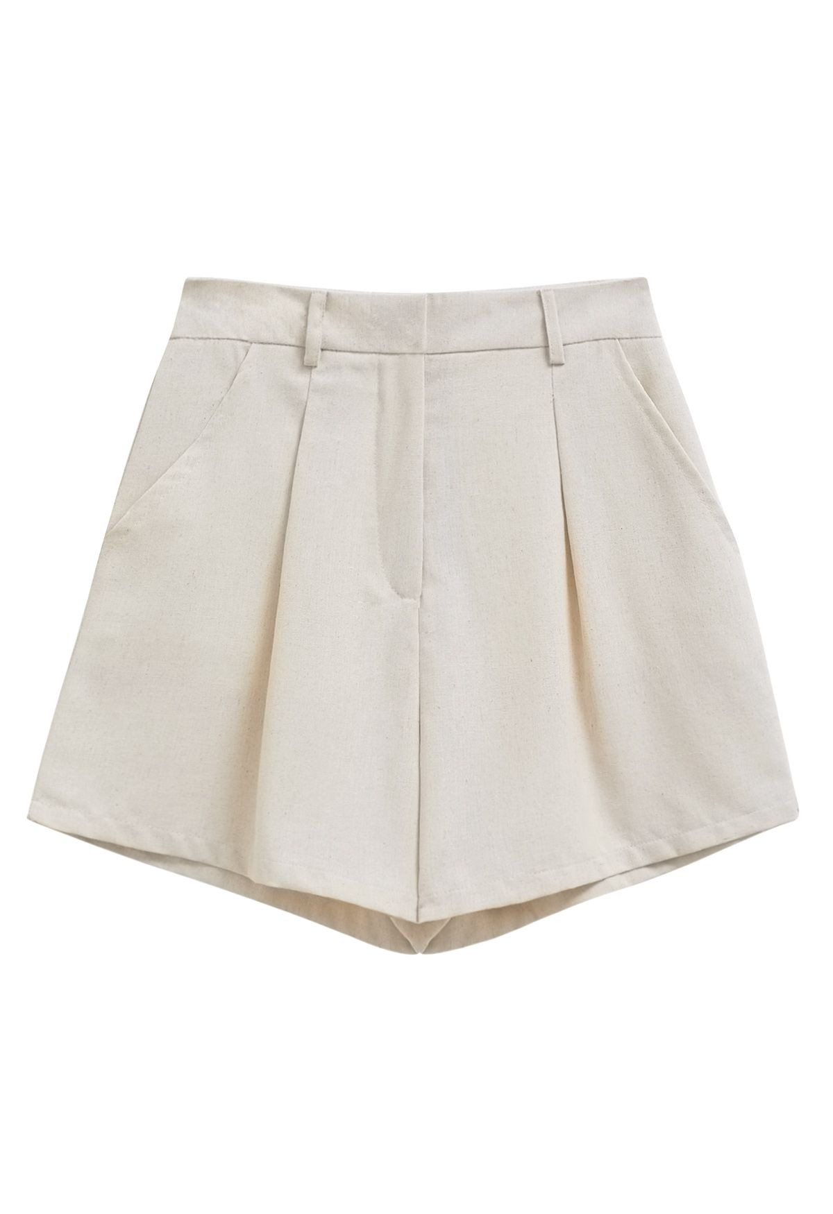 Side Pocket Pleated Linen-Blend Shorts in Linen | Chicwish