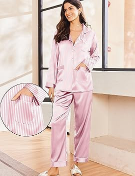 Ekouaer Silk Pajamas for Women Classic Button Down Satin Pajama Sets Long Sleeve Lounge Set | Amazon (US)